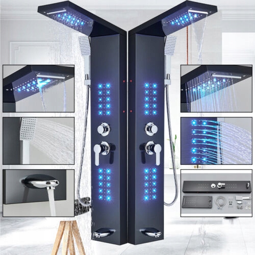 Sprchový panel - Čierny LED sprchovací panel so sprchovacími prvkami s