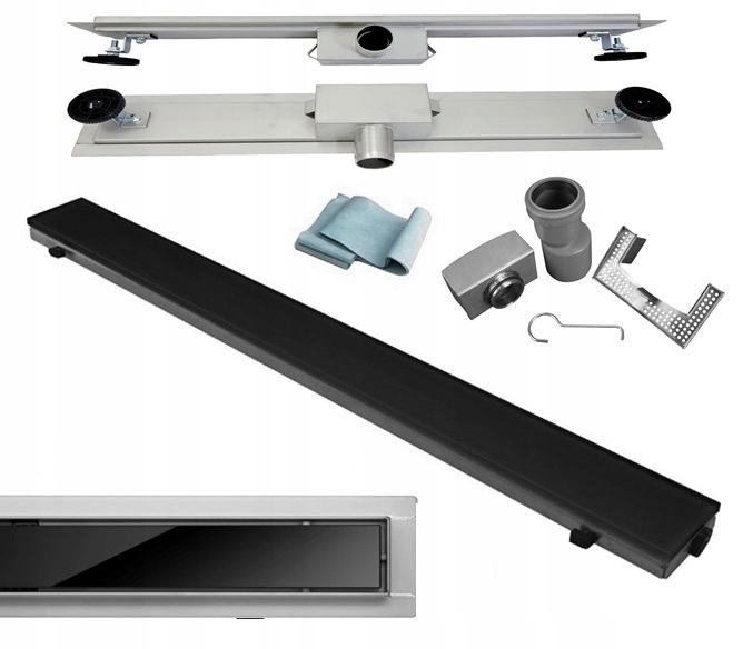 Sprchový žľab odtok - Lineárny prietok skla čierna 80 cm nízky 52 mm