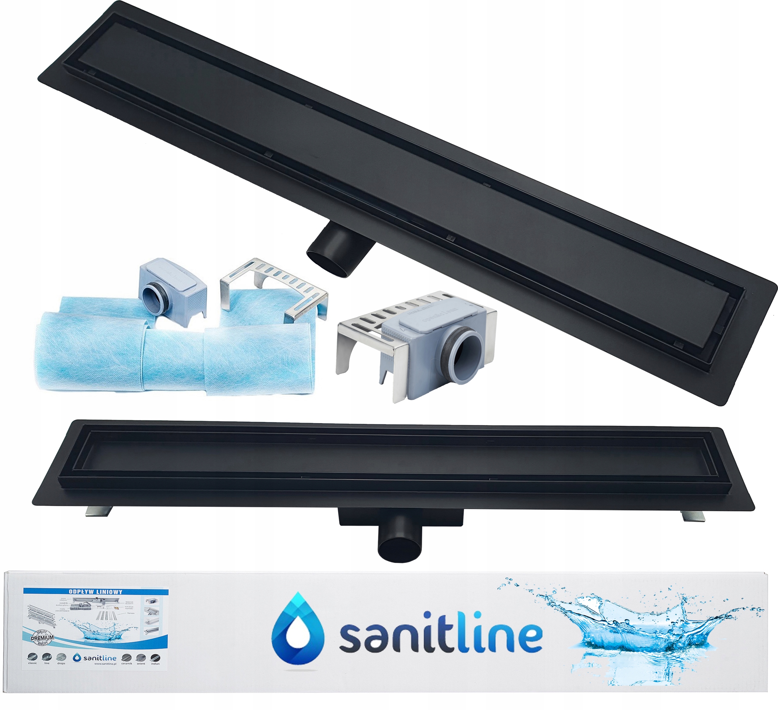 Sprchový žľab odtok - Sanitline lineárny odtok čiernej rohože 90 cm 2in1 nízky