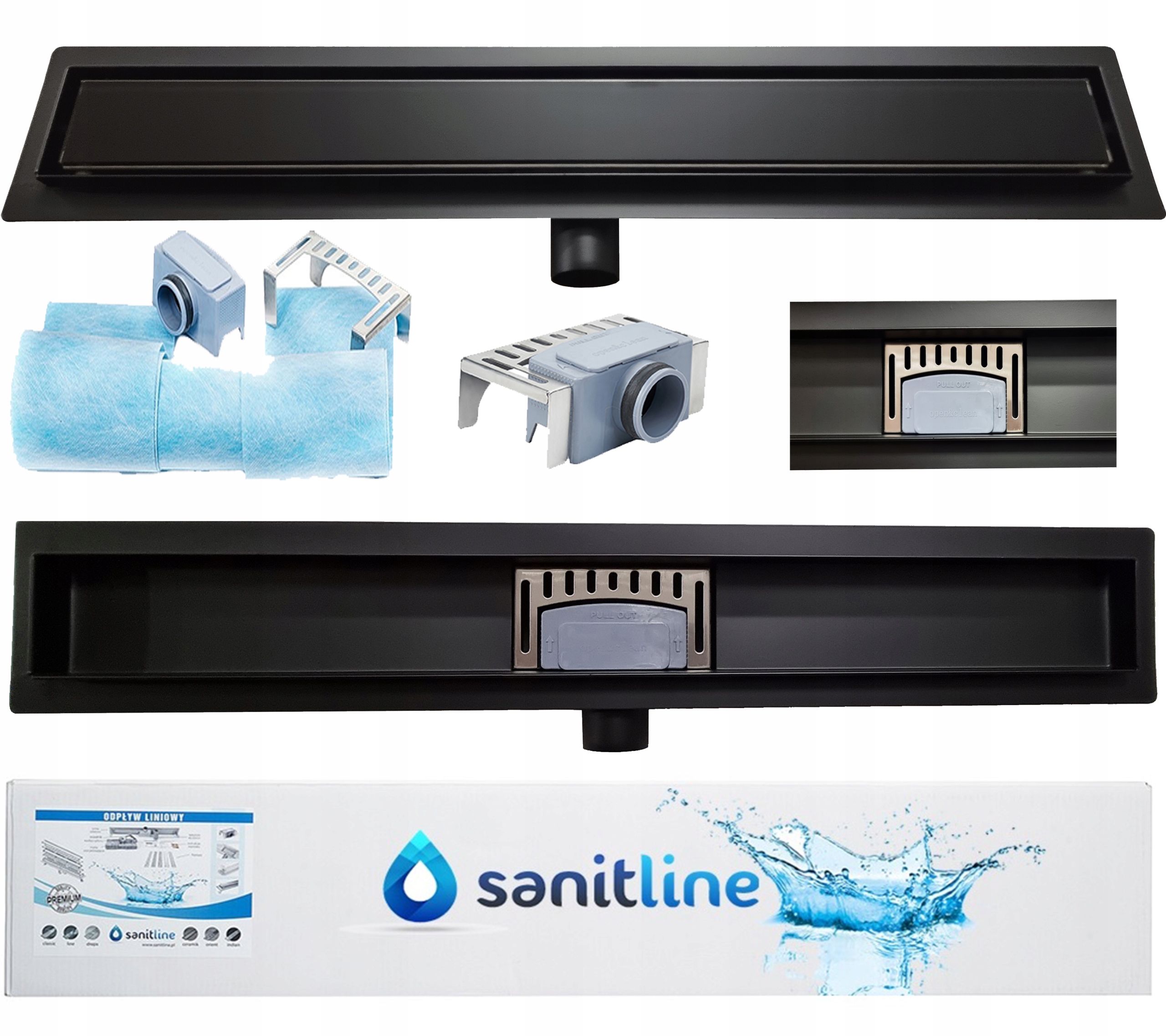 Sprchový žľab odtok - Sanitline lineárny odtok 90 Čierne sklo / časť