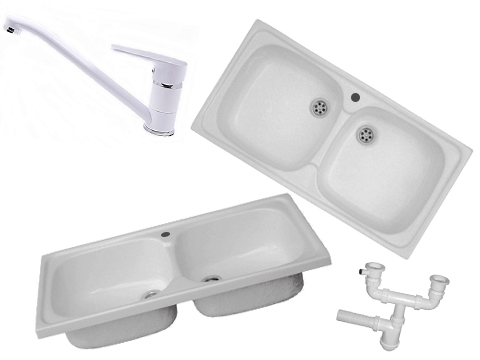 Kuchynský drez - Sink 80x40 Biela dva -Chamber Siphon batéria