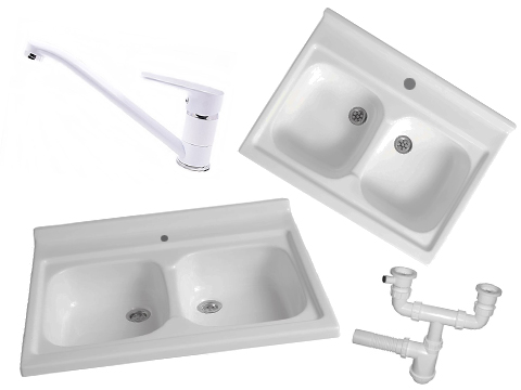 Kuchynský drez - Sink 80x60 Biely Two -Chamber Tap sifón