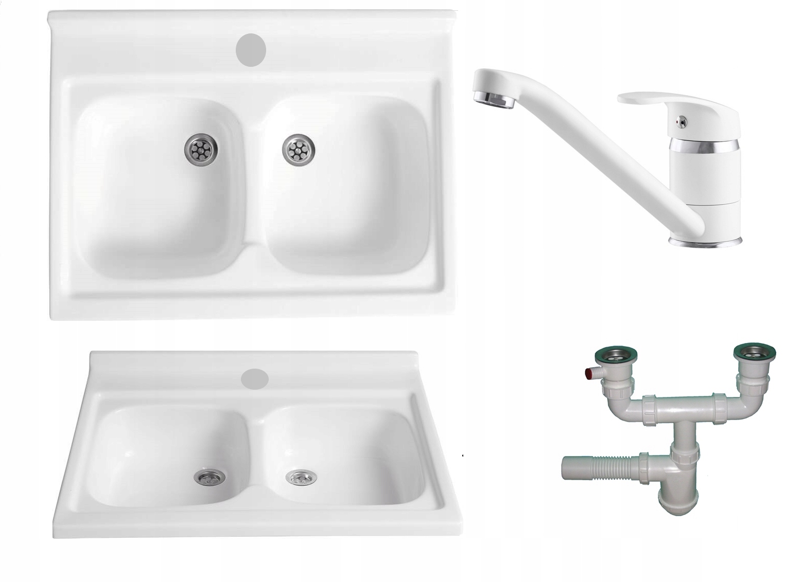 Kuchynský drez - 80x60 Biely dvaja -chamberový sifón hriech
